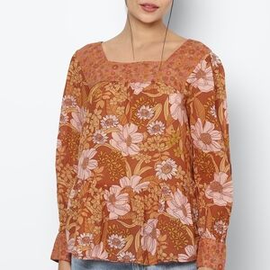 EUC American Eagle AEO Women's Small Orange Retro Floral Square Neck Peplum Top
